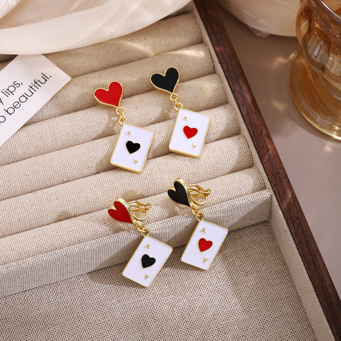 Red Black Heart Playing Card Mismatched Clip Earrings