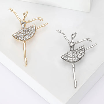Rhinestone Ballerina Dancer Brooch Gold Silver Metal Pin