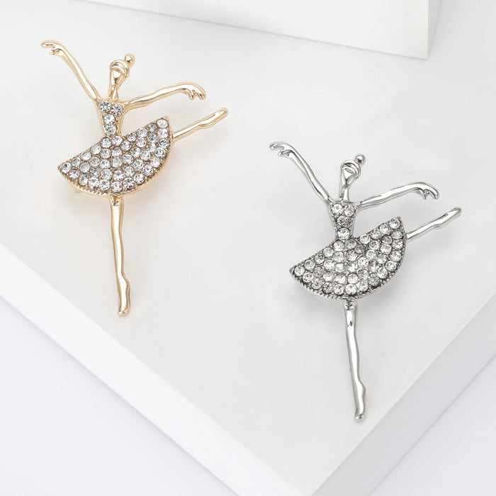 Rhinestone Ballerina Dancer Brooch Gold Silver Metal Pin