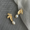 Gold Leaf Pearl Drop Earrings Crystal Accent Stud Pair view 3
