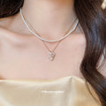 Pearl Like Bead Layered Necklace With Bow Charms Beaded Jewelry view 3