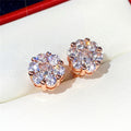 Gold Rose Gold Flower Round Clear Pave Stud Earrings view 9