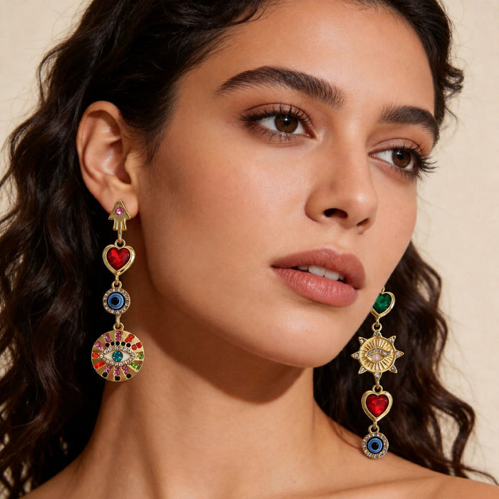 Mismatched Evil Eye Heart and Sun Long Dangle Earrings