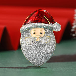 Santa Claus Alloy Brooch with a Red Enamel Hat and Glitter Beard