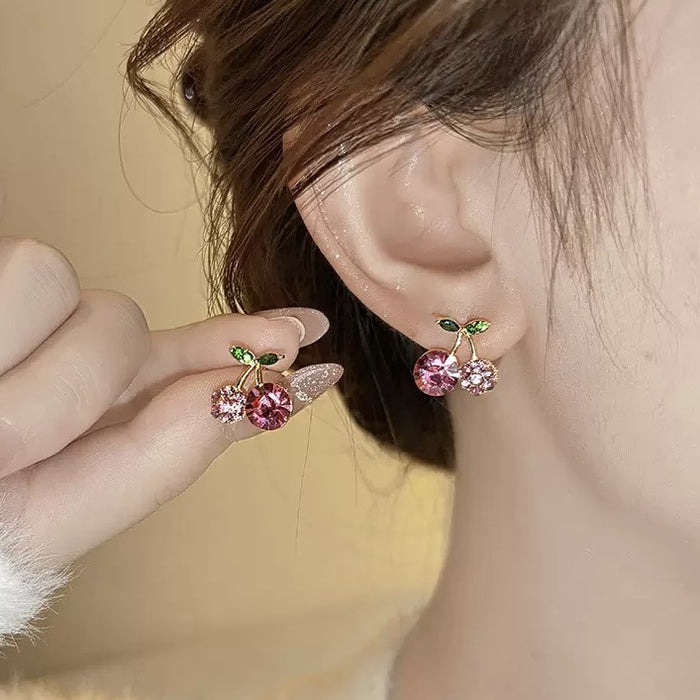 Pink Crystal Cherry Stud Earrings With Green Leaves