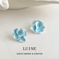 Light Blue Enamel Flower Stud Earrings Silver Rim Pair view 1
