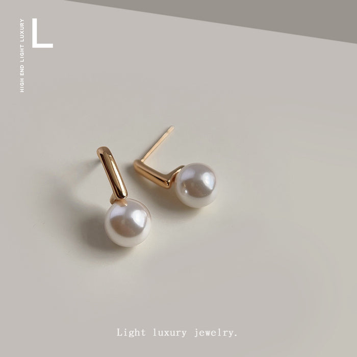 Rose Gold Tone Short Bar White Pearl Like Stud Earrings