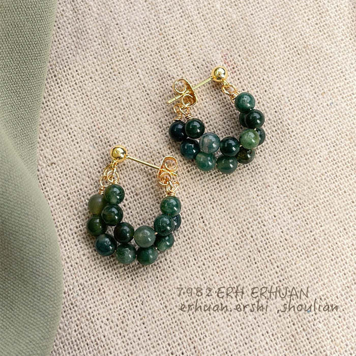Gold Tone Dark Green Beaded Small Hoop Drop Earrings