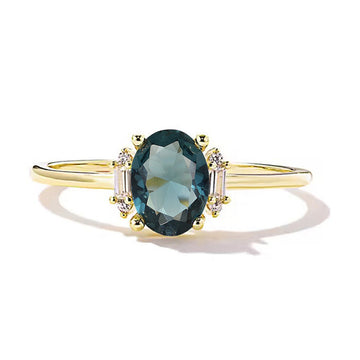 Gold Tone Teal Oval Stone Side Baguette Ring Sizes 6-10