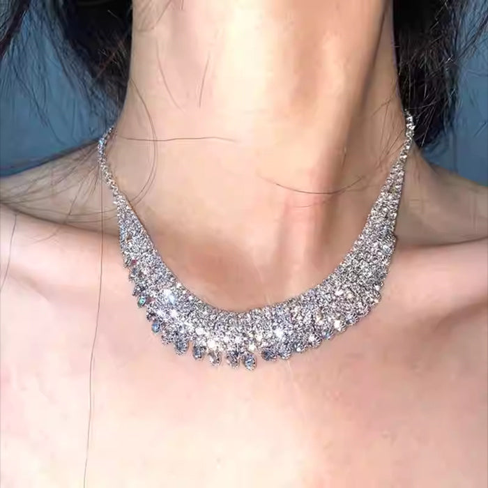 Silver Multi Row Rhinestone Bib Necklace Colored Drop Trim
