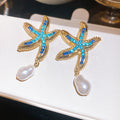 Blue Starfish and White Pearl Drop Earrings with Metal Settings view 6