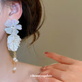 Iridescent White Flower Leaf and Pearl Tassel Stud Earrings view 3