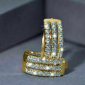 Gold Triple Row CZ Rectangular Huggie Hoop Earrings view 4