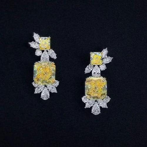 Yellow Square Stone Floral Drop Earrings Metal Jewelry Design shown in a front close-up