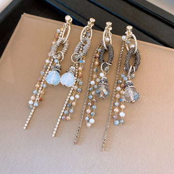 Blue Crystal Chain Tassel Earrings In Two Silver Tone Styles