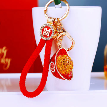 Jeweled Gold Ingot Keychains with Fortune Cords and Loose Loops