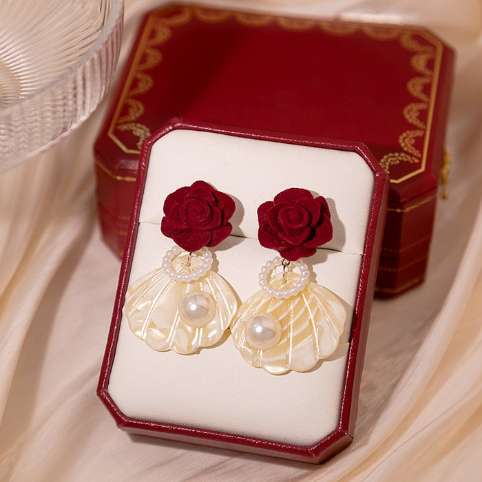 Burgundy Velvet Rose Shell Pearl Drop Stud Earrings