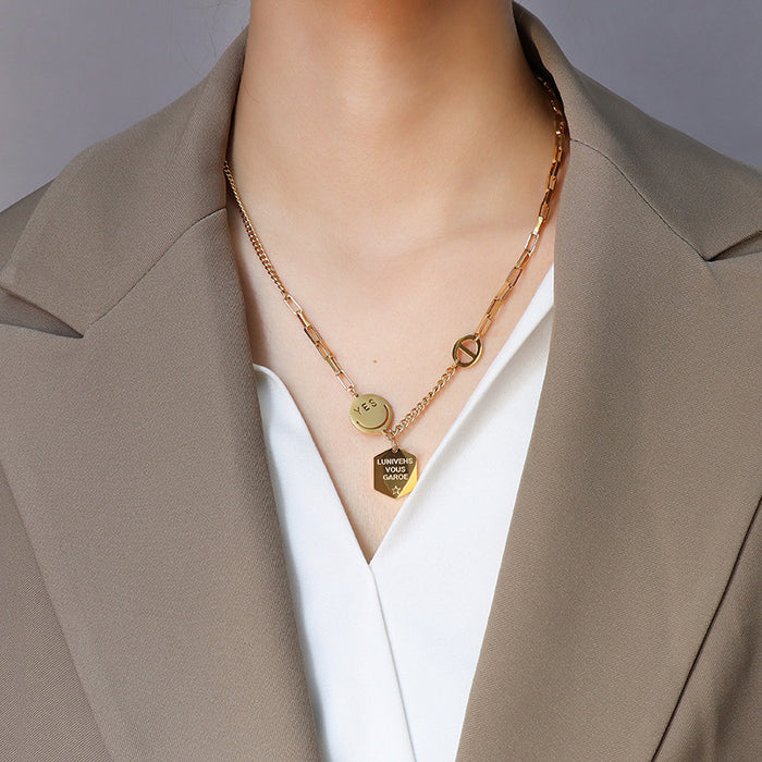 Yes Smiley Disc Hexagon Tag Mixed Link Necklace Gold Steel