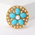 Gold Round Flower Brooch Oval Cabochon Pearl Rhinestone Pin view 3