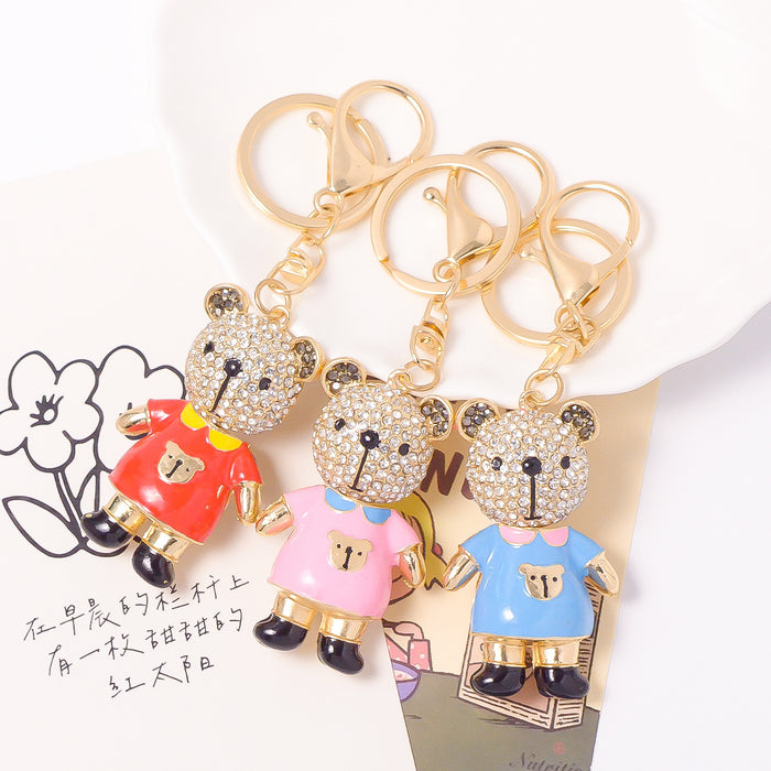 Rhinestone Bear Keychain Enamel Shirt Gold Clasp Three Colors