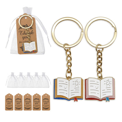 Blue and red open book keychains with bags and kraft tags