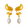 Spiral Wave Stainless Steel Pearl Drop Earrings Gold Steel view 5