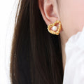 Heart Open Frame Stud Earrings Pearl Center Gold Steel view 6