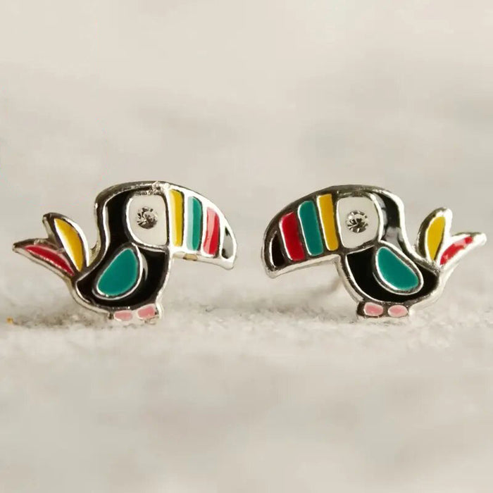 Silver Tone Colorful Enamel Toucan Bird Stud Earrings