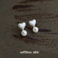 Silver Tone Brushed Heart And White Pearl Drop Stud Earrings view 1