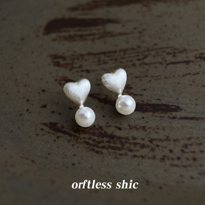 Silver Tone Brushed Heart And White Pearl Drop Stud Earrings
