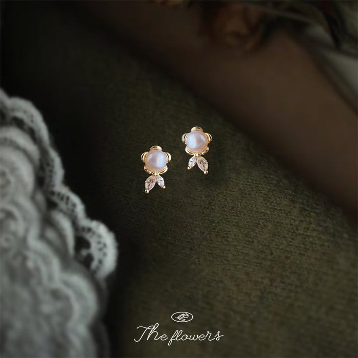 Gold Tone White Pearl Flower And Clear Leaf Stud Earrings