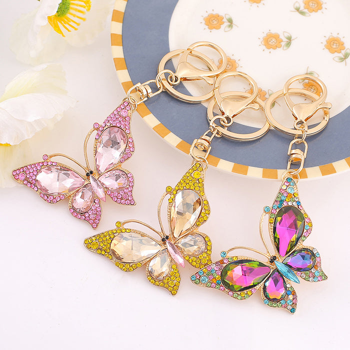 Rhinestone Butterfly Keychain Necklace Gold Tone 9 Colors