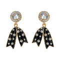 Gold Tone Black Enamel Bow And Pearl Drop Earrings With Clear Stone view 5