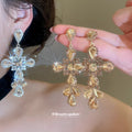 Crystal Cross Drop Stud Earrings in Silver or Gold Tone view 1