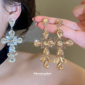 Crystal Cross Drop Stud Earrings in Silver or Gold Tone