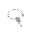 Blue Floral Beaded Necklace with Pearl Like Drops and Gold Tone Chain view 5
