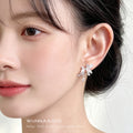 Silver Pink Flower Clear Stone Drop Earrings Pair Set view 2