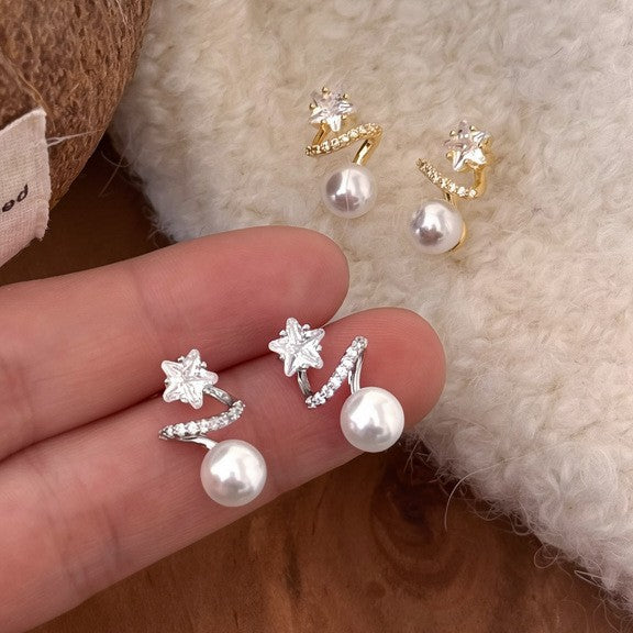 Silver Tone Star and Pearl Stud Earrings Decorative Jewelry Pair