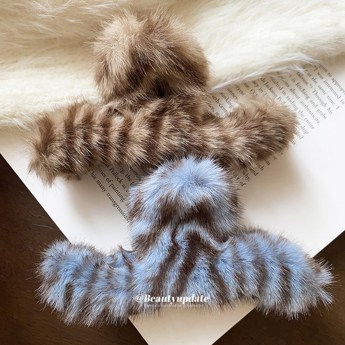 Faux Fur Striped Claw Hair Clips Coffee And Blue Gray