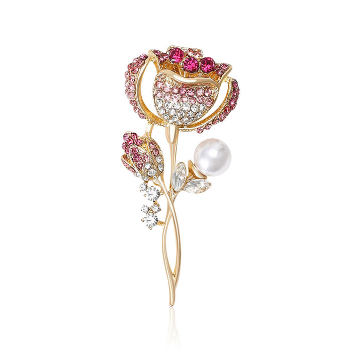 Pink Blue Rhinestone Rose Pearl Flower Stem Brooch Pins