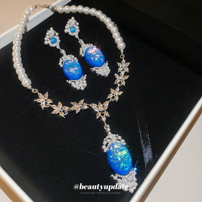 Pearl Necklace Blue Opal Oval Pendant And Drop Earrings