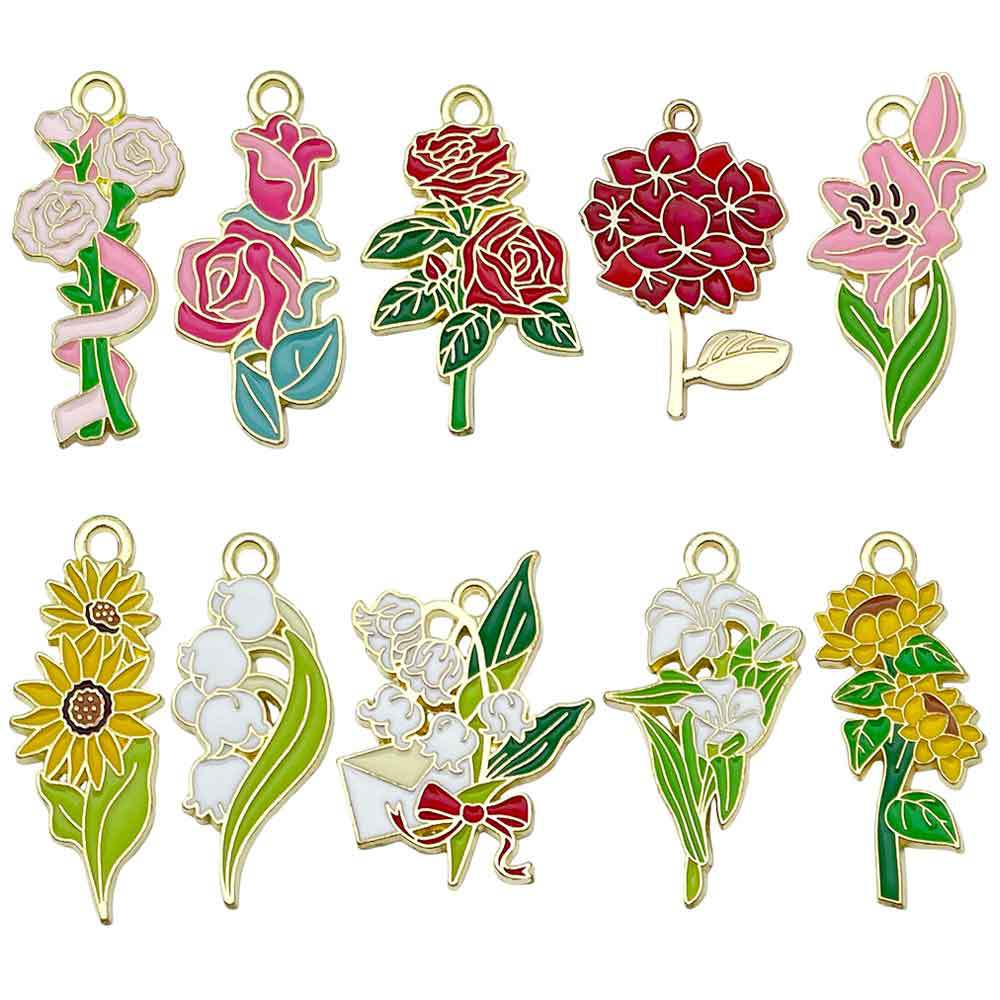 Zinc Alloy Sunflower Lily Rose Bouquet Enamel Charm Pendant for DIY Keychain Necklace