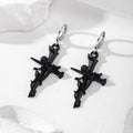 Silver Tone Gothic Cross Rose and Crystal Huggie Drop Earrings view 4