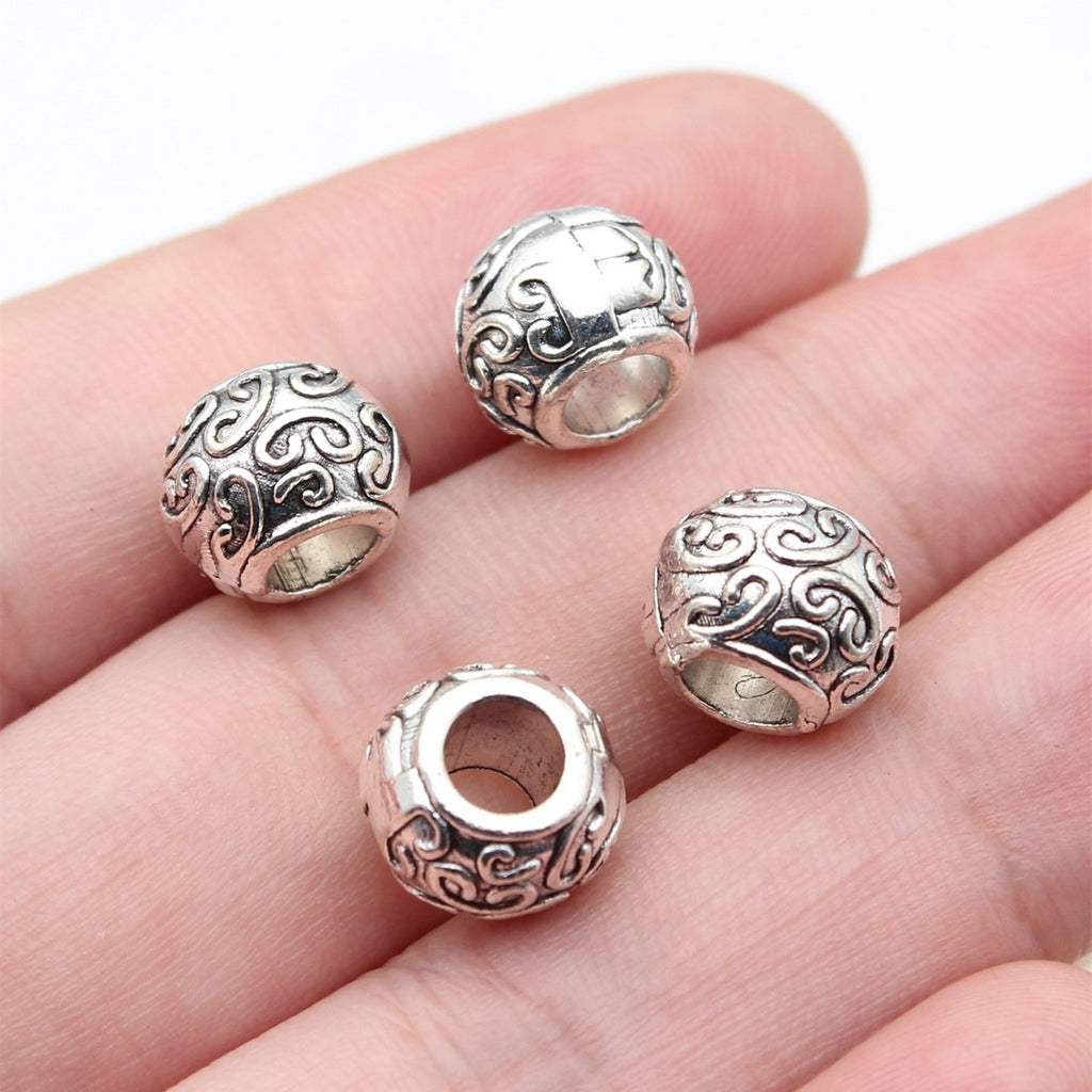 10x10x8mm 2.2g Antique Silver Zinc Alloy Carved Round Spacer Beads Large Hole for DIY Bracelet Making