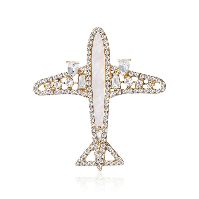Rhinestone Airplane Brooch Shell Body Gold Silver Pin