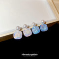 Square Crystal Drop Stud Earrings in Pink and Blue view 4