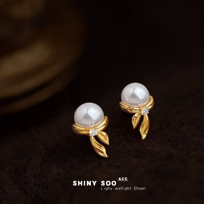 Gold Pearl Bow Stud Earrings Clear Crystal Accent Pair