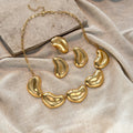 Gold Sculpted Oval Necklace and Stud Earring Jewelry Set view 2