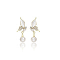 White Butterfly Pearl Look Gold Tone Dangle Stud Earrings view 5