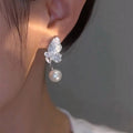 Blue Crystal Butterfly and Pearl Stud Earrings Fashion Jewelry view 2